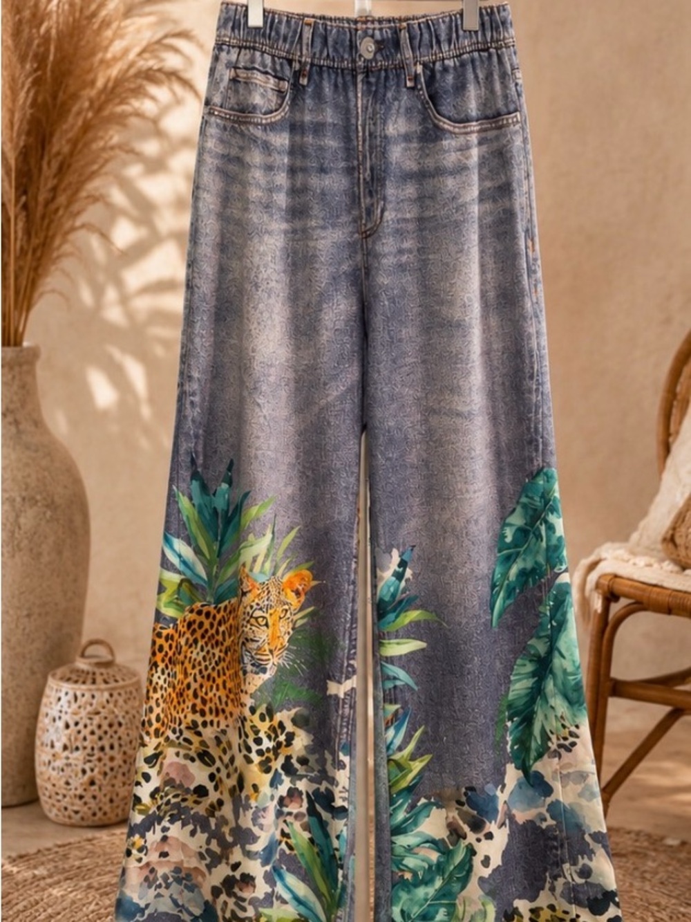 Oddi brand denim-look sublimation printed wide leg pants. Waist 18’- NWT